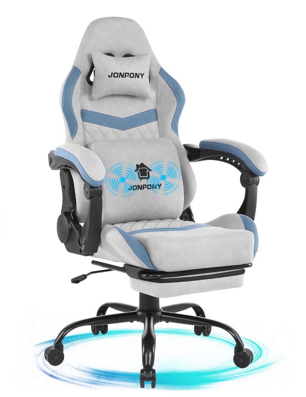 jonpony big and tall gaming chair, computer chair with footrest and massage lumbar support, height adjustable game chair with headrest and swivel seat, light grey