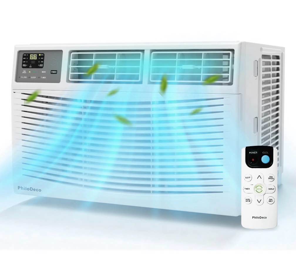 philodeco 8000 btu window air conditioner, cools up to 350 sq. ft, 3 fan speeds and 4 modes, intelligent, led display screen, with remote control