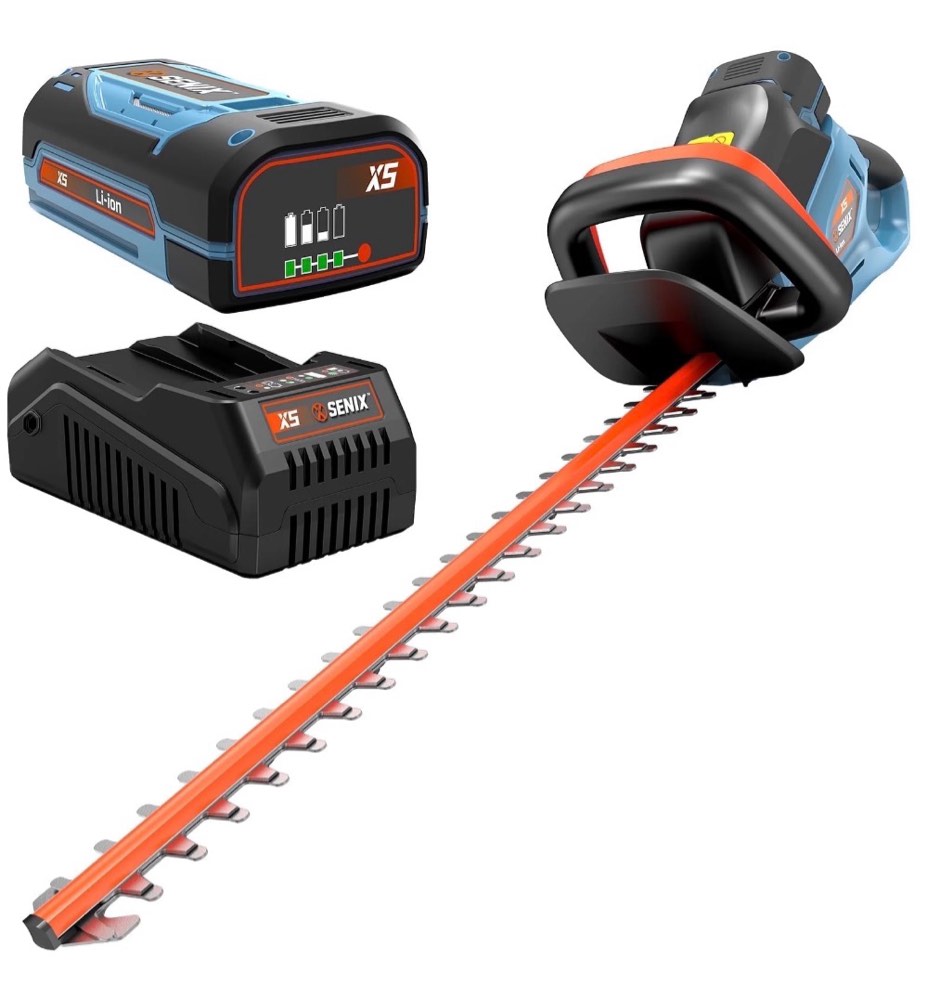 senix 58 volt max* 22-inch cordless brushless hedge trimmer double-sided dual action blades 2/3 cutting capacity (battery and charger included) htx5-m