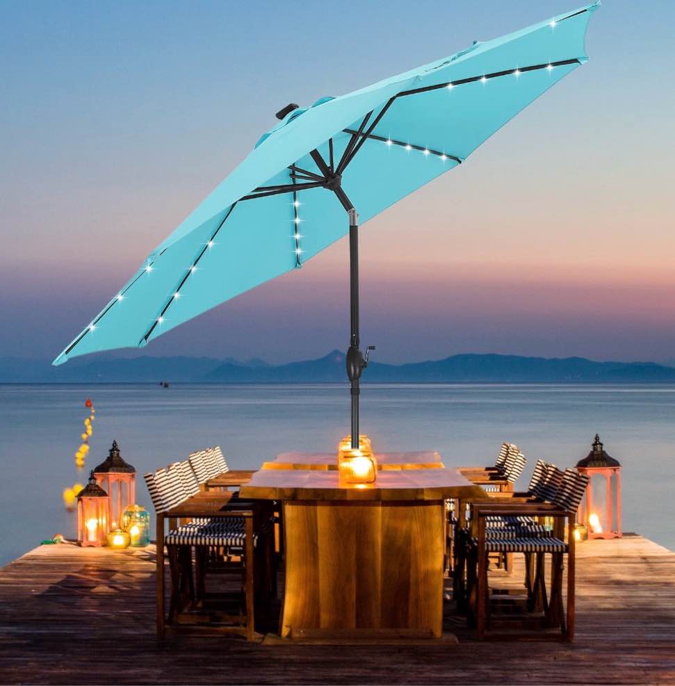 Ainfox 10ft Patio Umbrella Outdoor Solar Powered with LED Lights and 8 Sturdy Ribs Without Base(Bule)