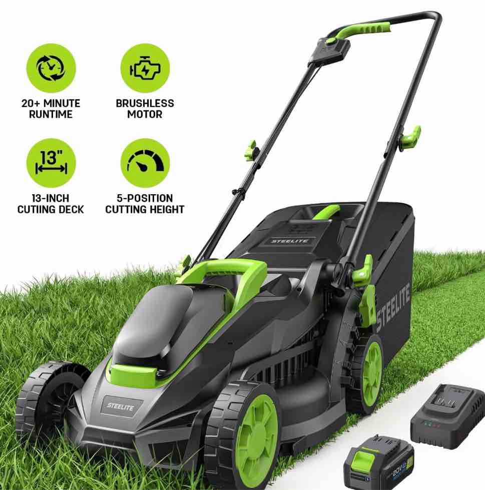 Steelite 13-Inch Cordless Lawn Mower, 21v Electric Lawn Mowers With Brushless Motor For Garden,5 Heights Adjustment, 4.0ah Battery & Charger Included