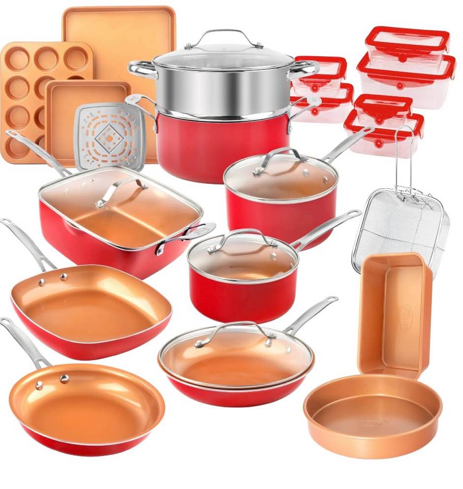Gotham Steel 32 Pcs Pots and Pans Set Non Stick  Ceramic Pots and Pans Set  Ceramic Cookware Set with Bakeware and Premium Food Storage Set  Non Stick Pot and Pan Set  Red