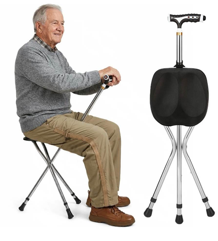 Folding Cane with Seat, Adjustable Walking Cane with LED Light and Cushion, Supports up to 330 lbs