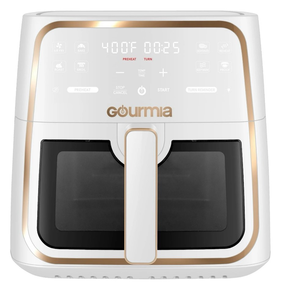 Gourmia 8 Qt Air Fryer  8 Presets with Digital Display  FryForce 360° Technology  Easy View Window & Interior Light  Dishwasher Safe Basket  White