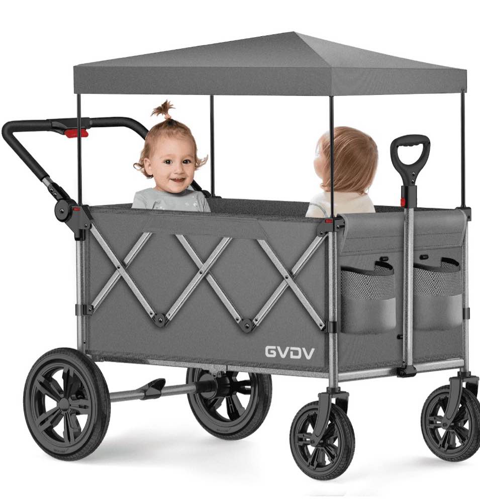 GVDV Stroller Wagon for Kids, 3-in-1 Collapsible Double Stroller Wagon for Toddlers, All-Terrain Baby Stroller with Removable Canopy, Adjustable Push/Pull Handles, 5-Point Harness, Gray