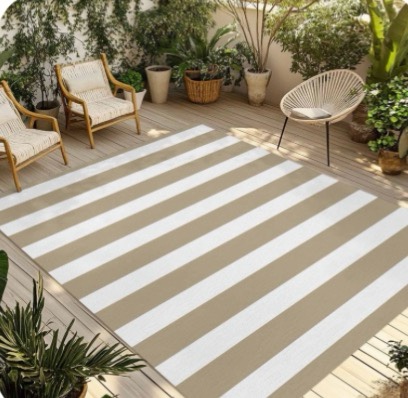 Beige Striped Outdoor Rug for Patio/Deck/Porch, Non-Slip Large Area Rug 8x10 Ft, Modern Farmhouse Beige White Stripes Indoor Outdoor Rugs Washable Area Rugs, Reversible Camping Rug Carpet