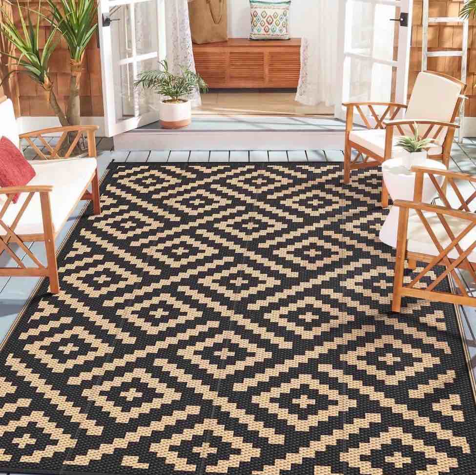 DEORAB Outdoor Rugs Waterproof Plastic Straw Mat 9'x12' Reversible for RV Patio Deck Beach Black & Brown