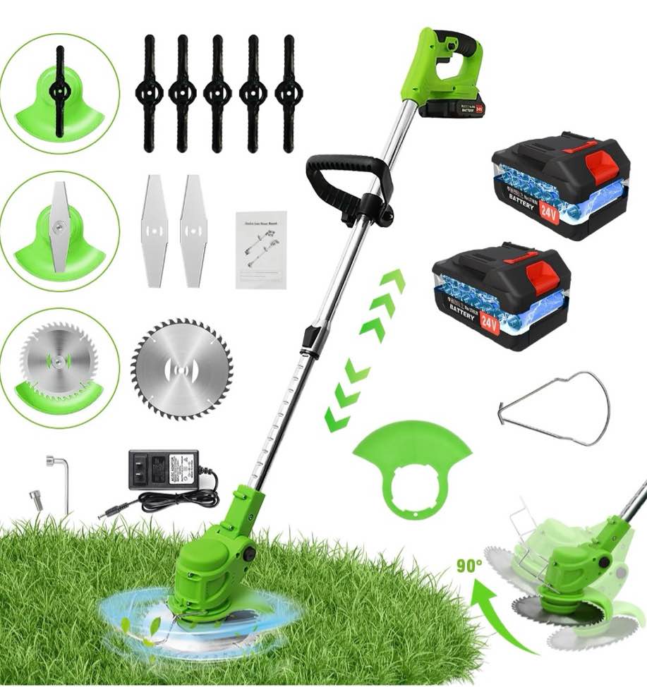 24V 650W Lawn Mover Electric Grass Trimmer Cordless W/2 Batteries  Battery Weed Eater  Electric Weed Wacker  Lawn Mower Cordless Pruning Cutter Weed Wacker Garden Trimming Tool