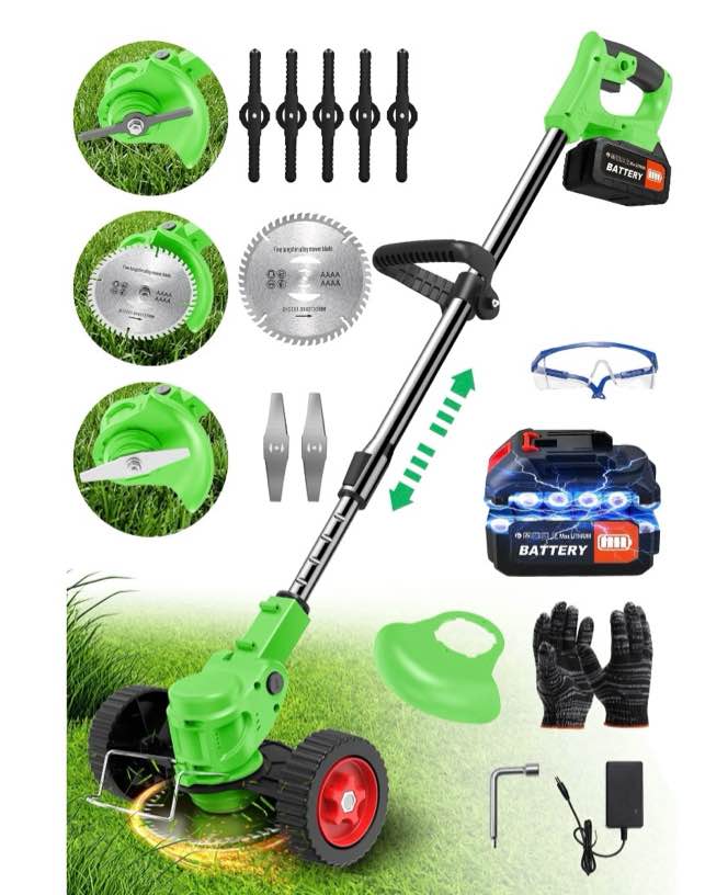TNTANTS Weed Wacker Cordless, 3-in-1 Lightweight Electric String Trimmer with 3 Types of Blades, Wheels, 24V Battery, Weed Eater Grass Trimmer/Edger/Brush Cutter for Lawn Yard Garden (Green)