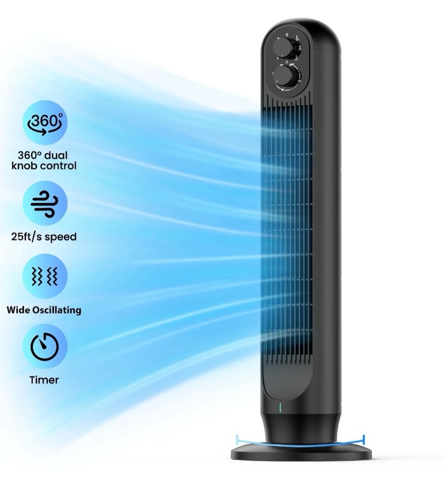 Tower Fan  31  Oscillating Standing Fan for Home TASKBAY Floor Fan with 360°Dual Knob Control  3 Speed  Timer Bladeless Fan for Bedroom Office  Black