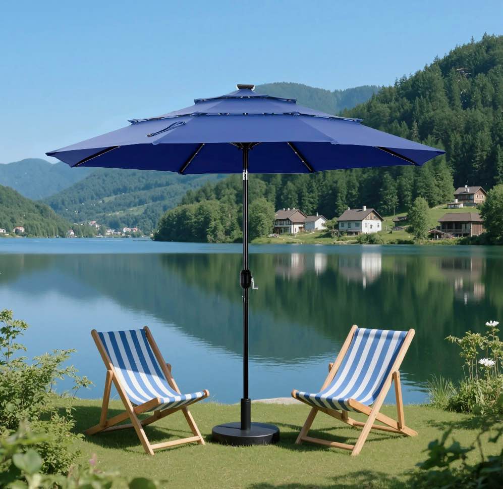 edx 10ft 3-Tier Solar LED Patio Umbrella with Tilt Adjustment and UV-Resistant Polyester Fabric, Outdoor Market Umbrella, Navy Blue