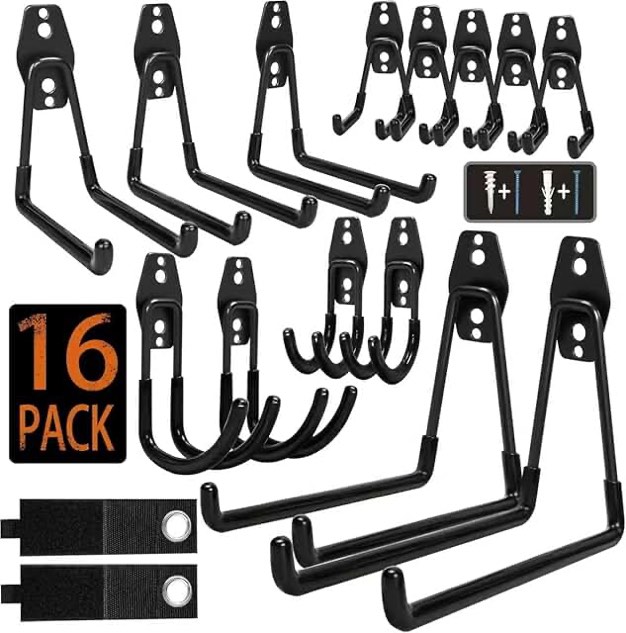 KOFANI Steel Garage Storage Hooks - 16 Pack Anti-Slip Coating, Heavy Duty Wall Mount Hooks for Hanging Bike, Ladder, Garden Tools Black 16 Pack