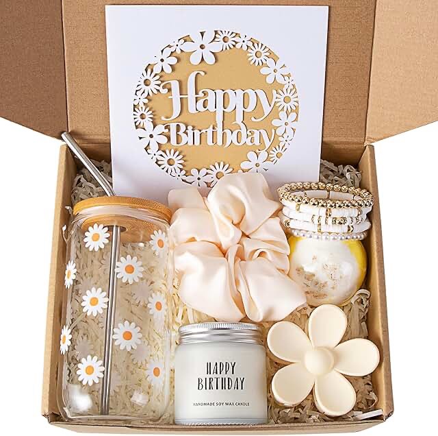 JTEWB Birthday Gifts For Women, Teen Girl, Her, Happy Birthday Gift Box For Girl, Women, Sister, Daughter, Friends, Cute Daisy Aesthetic Glass Cups Gift Set 7pcs Beige