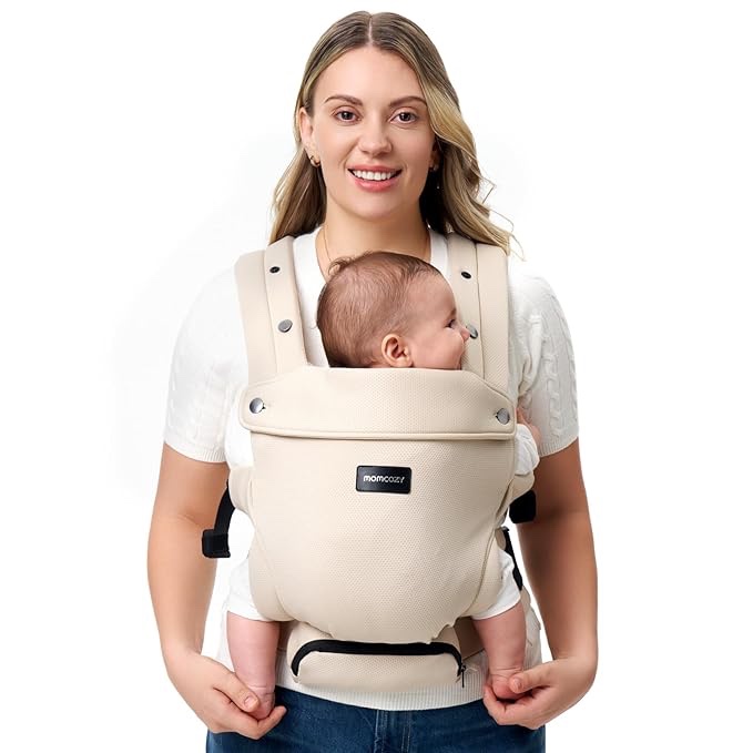 momcozy newborn baby carrier - ergonomic, cozy and lightweight carrier for 7-24lbs, adjustable neck support with sunshield, breathable airmesh perfect for summer outing, khaki