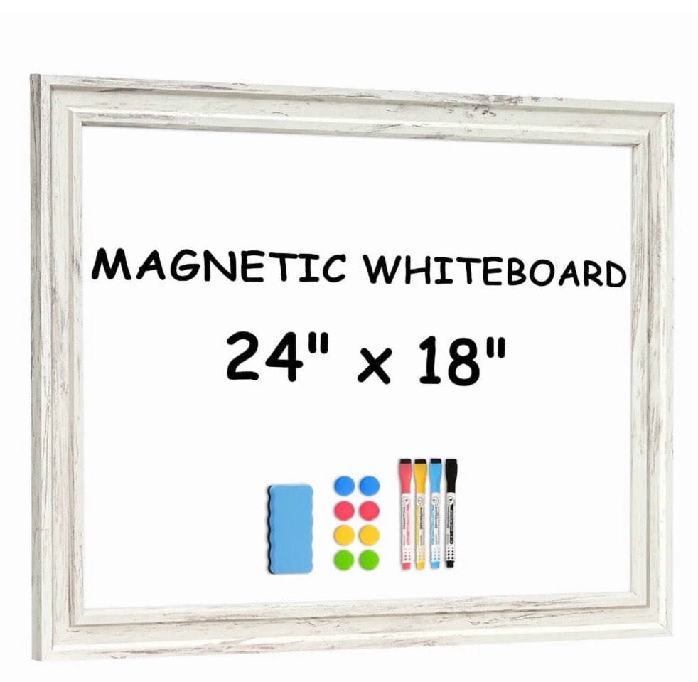 dry erase white board 24 x 18 in magnetic whiteboard white vintage wood frame wall-mounted white board decorative notice board for wall office home decor hanging board with 8 magnets 4 markers