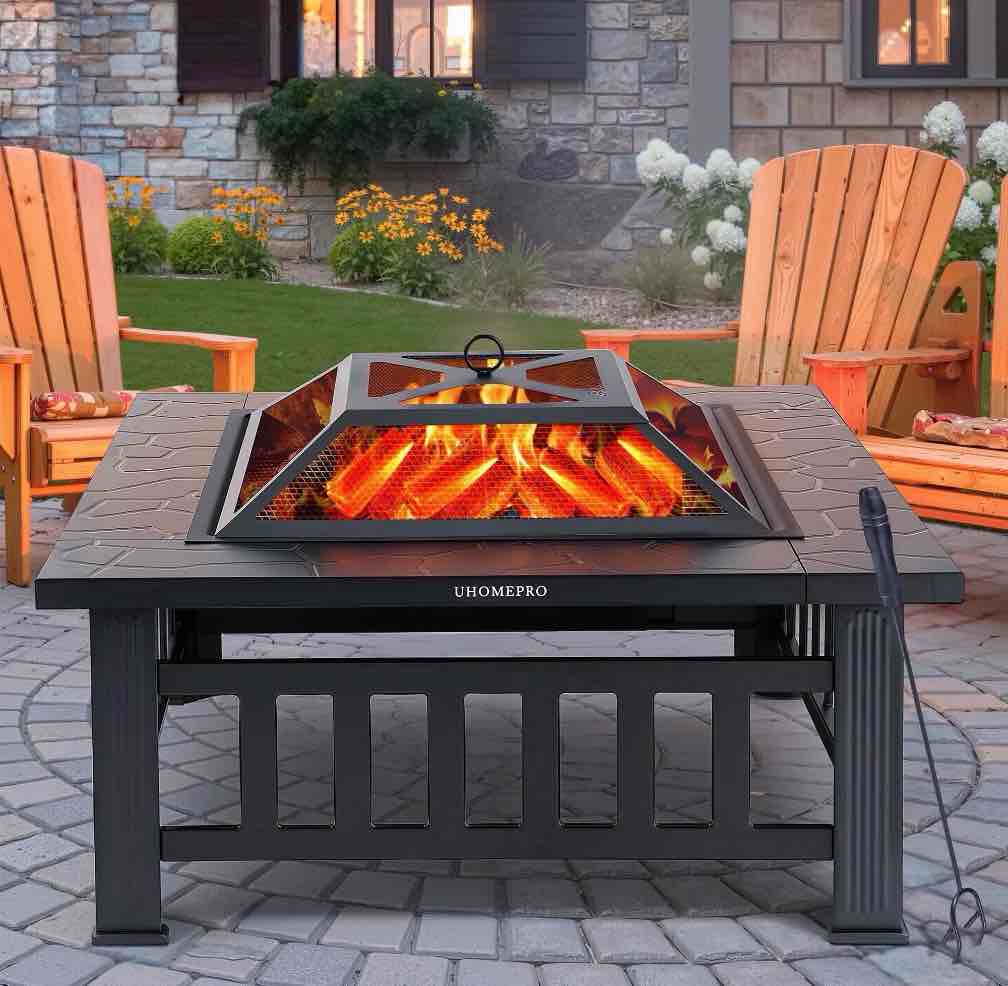 fire pits for outside, 32" wood burning fire pit tables with screen lid, poker, bbq net and cover, backyard patio garden outdoor fire pit/ice pit/bbq fire pit, black
