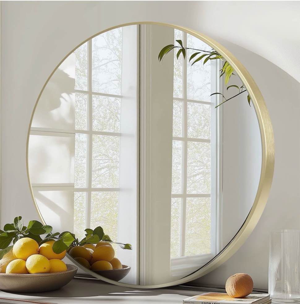 edx 24  wall round mirror with crystal clear reflection  convenient hanging hooks  and premium aluminum alloy construction  gold