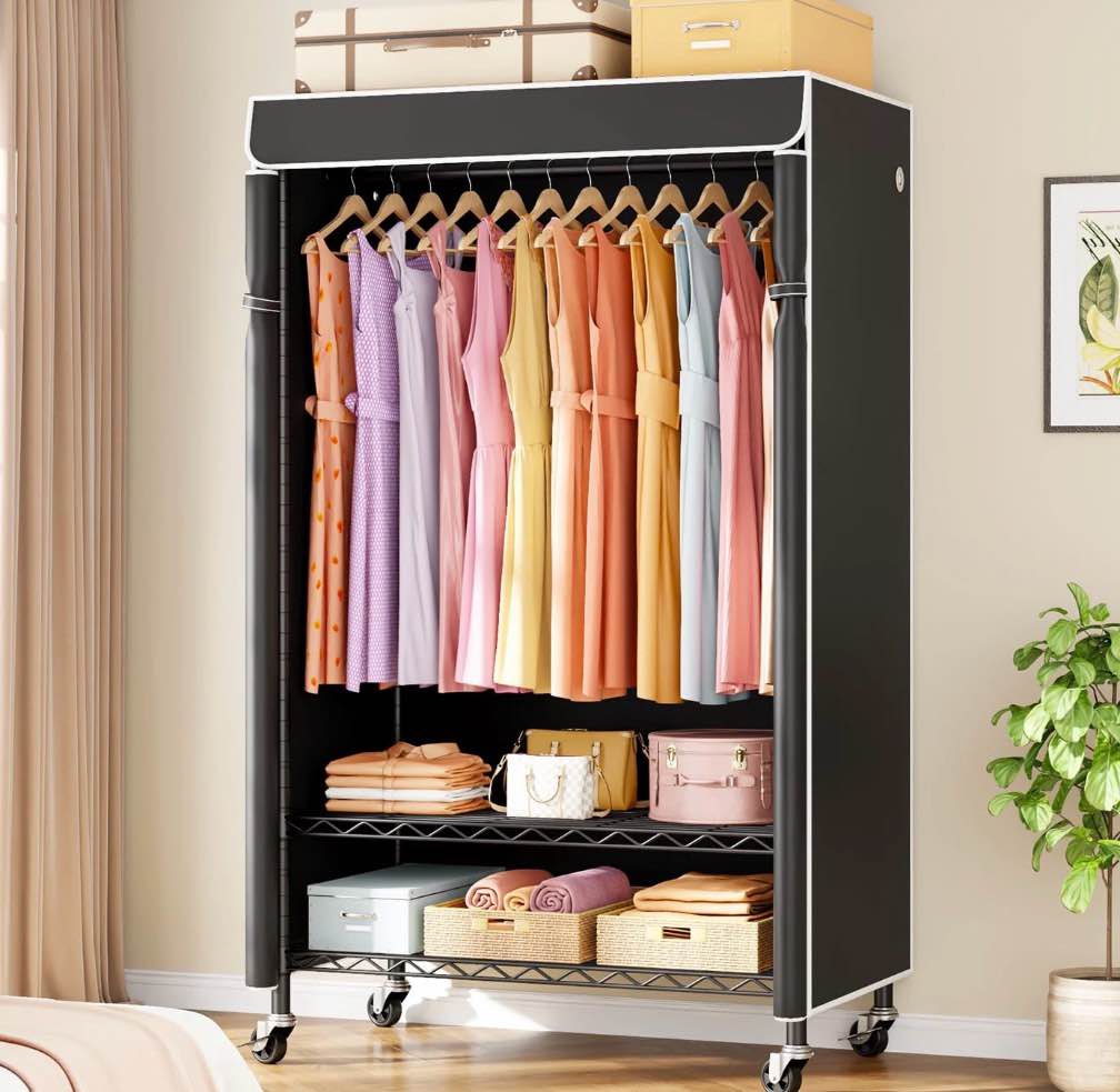 p6c rolling clothes rack with cover, covered clothing racks heavy duty, portable closet for hanging clothes, garment racks on wheels, black closet rack with black cover, max load 365lbs