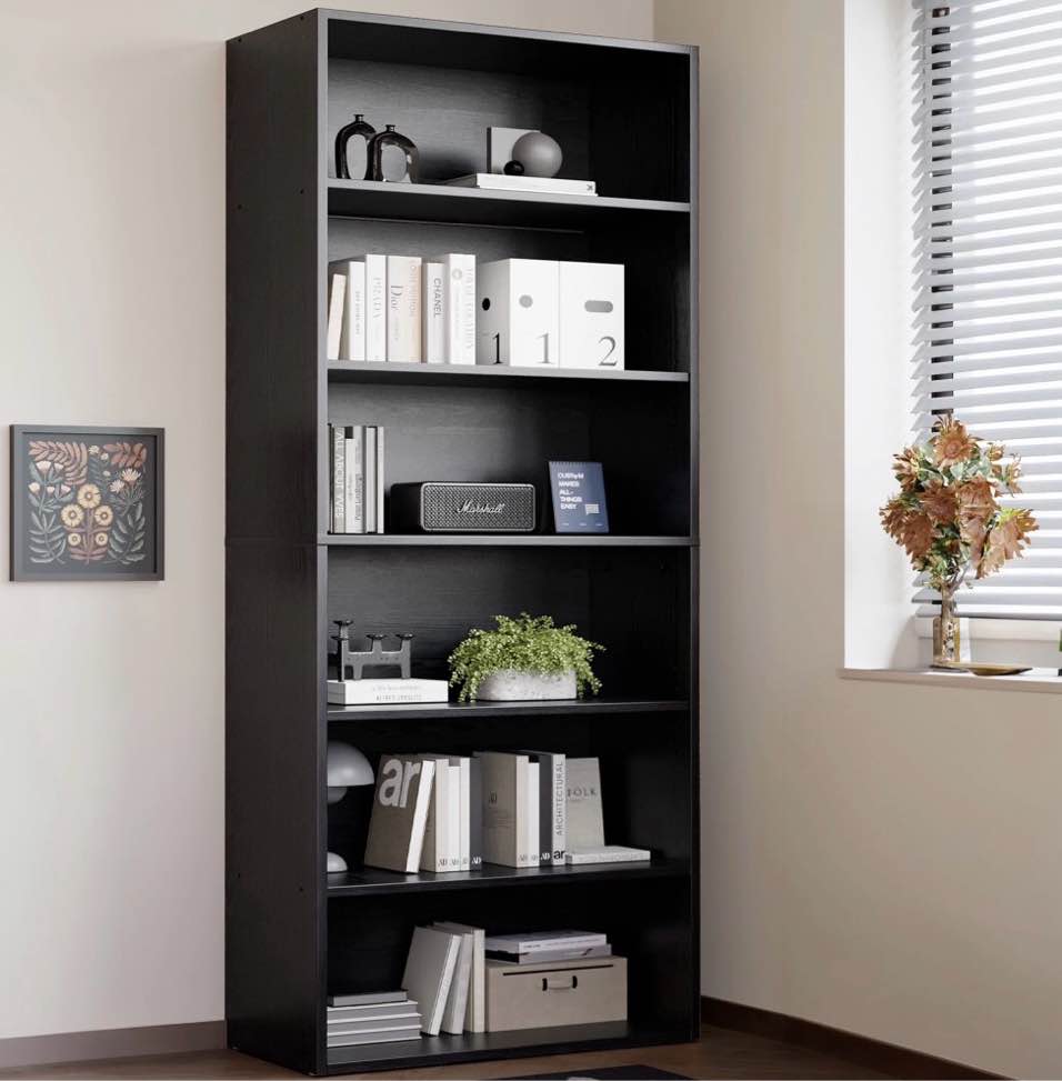 zunmos 6 shelf bookcase, 63 inch tall open industrial standing bookshelf large storage for home office, living room, bed room, black