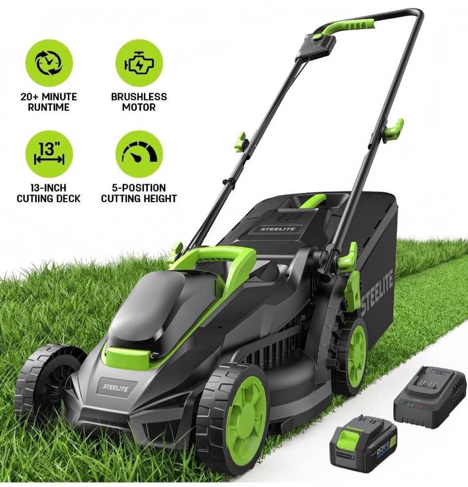 steelite 13-inch cordless lawn mower, 21v electric lawn mowers with brushless motor for garden,5 heights adjustment, 4.0ah battery & charger included