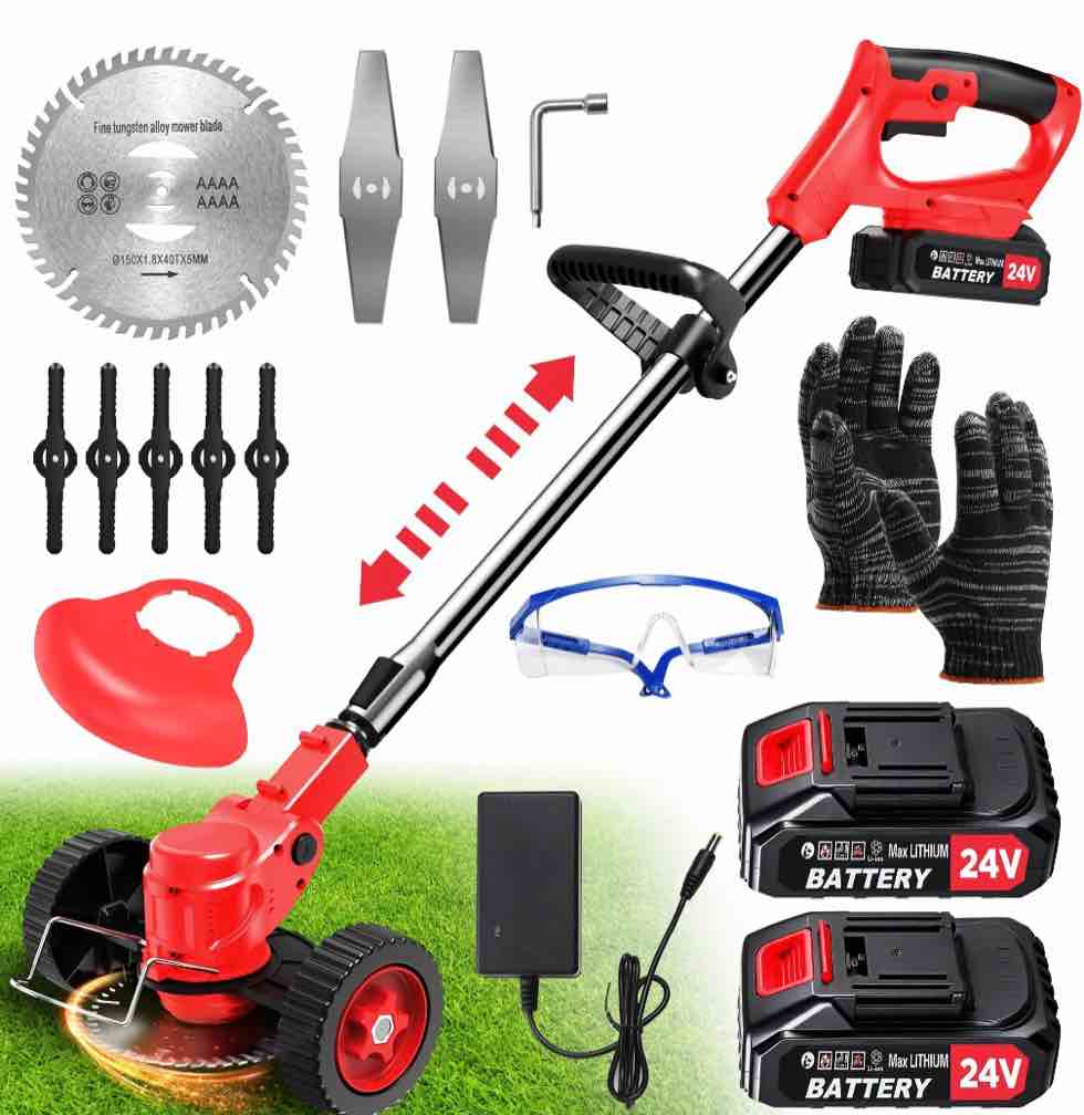 tntants electric weed wacker cordless string trimmer with wheels 2pcs 24v batteries 3 types of blades adjustable length weed eater grass trimmer/edger/brush cutter for lawn yard garden (red)