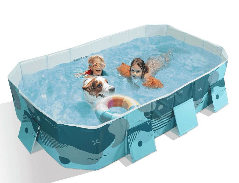 maxkare foldable swimming pool inflatable-free with fix patches & stable triangular braces outdoor backyard family & kids & pet play pool green rectangular 100 x 66 x 20