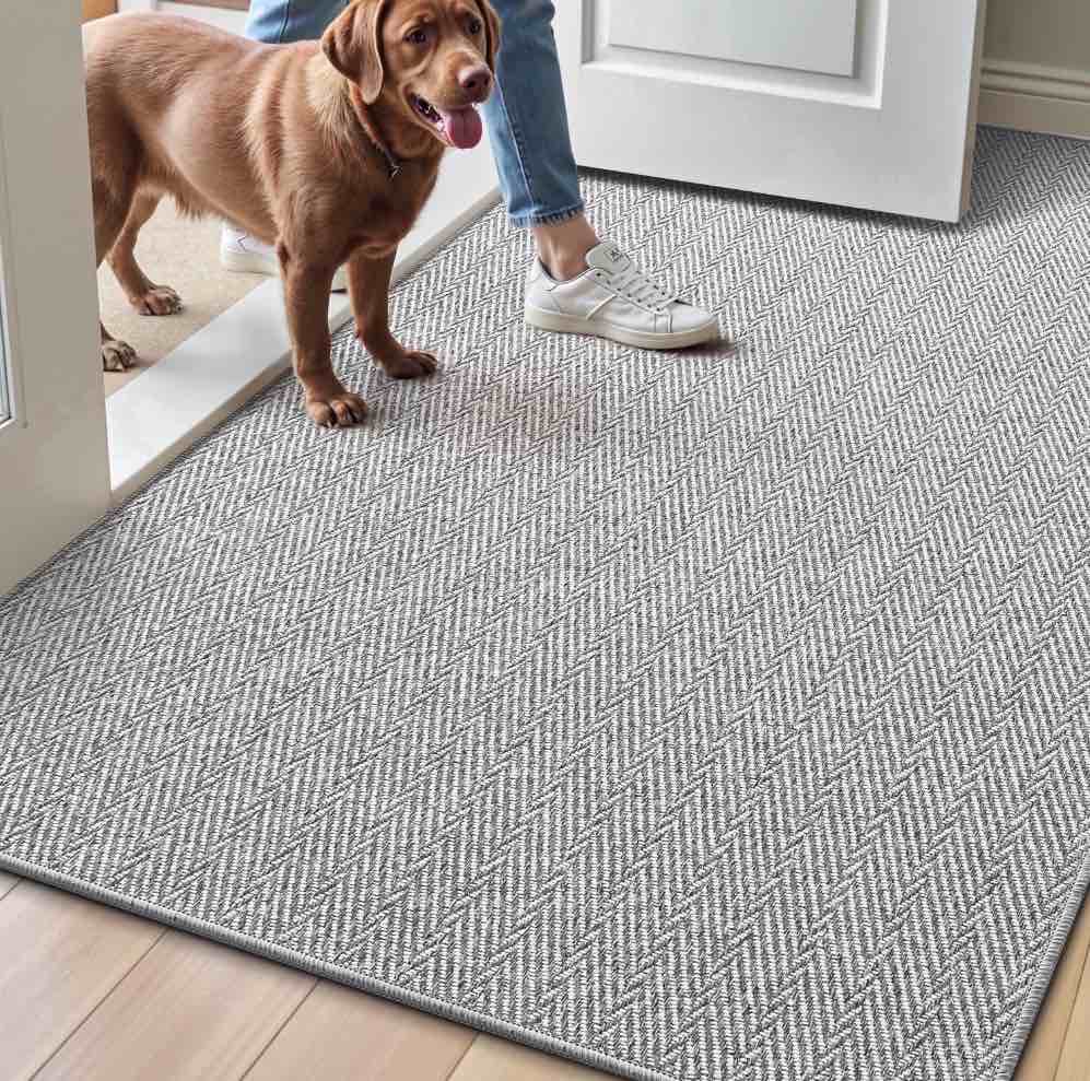 frabe ultra thin indoor door mat non slip  low profile entryway mat  pet friendly doormat with herringbone design for inside  patio  porch  grey  36x56