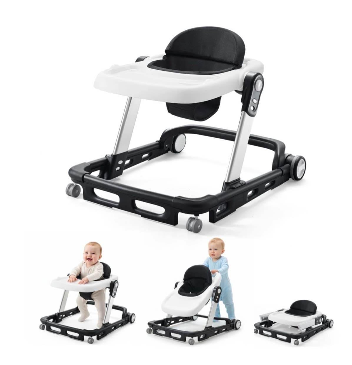 harppa foldable baby walker sit to stand activity center with wheels seat and height adjustable (black)