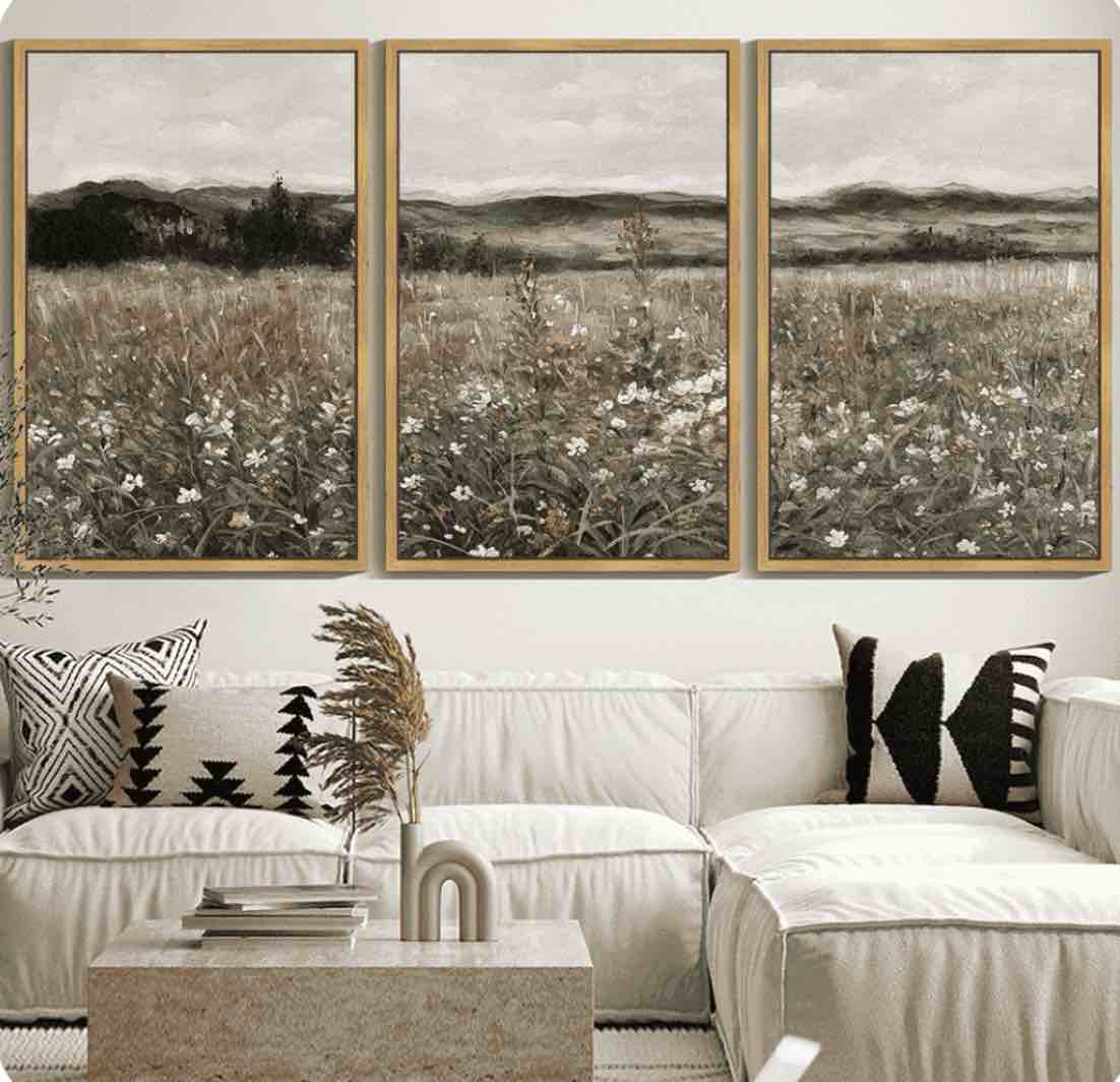 drsoum large 24x36in3pcs natural framed vintage meadow sea of flower wall prints classic retro farmhouse landscape wall art rustic decorations for living room bedroom