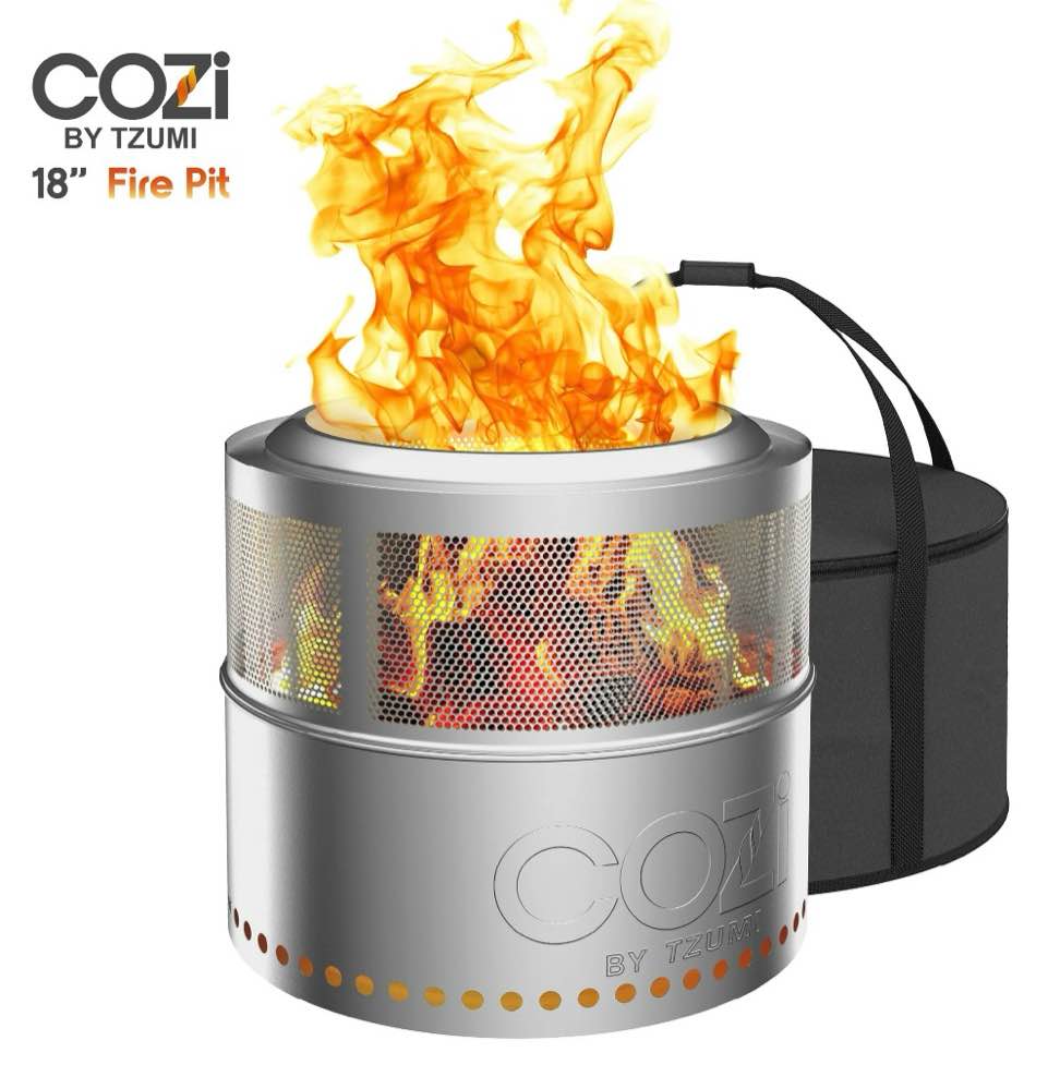 cozi by tzumi smokeless fire pit stainless steel portable fire pit with carry bag, 18”