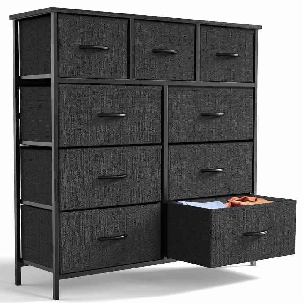 edx 9 drawer fabric dresser for bedroom, chest of drawer organizer storage cabinet for closet, entryway, black