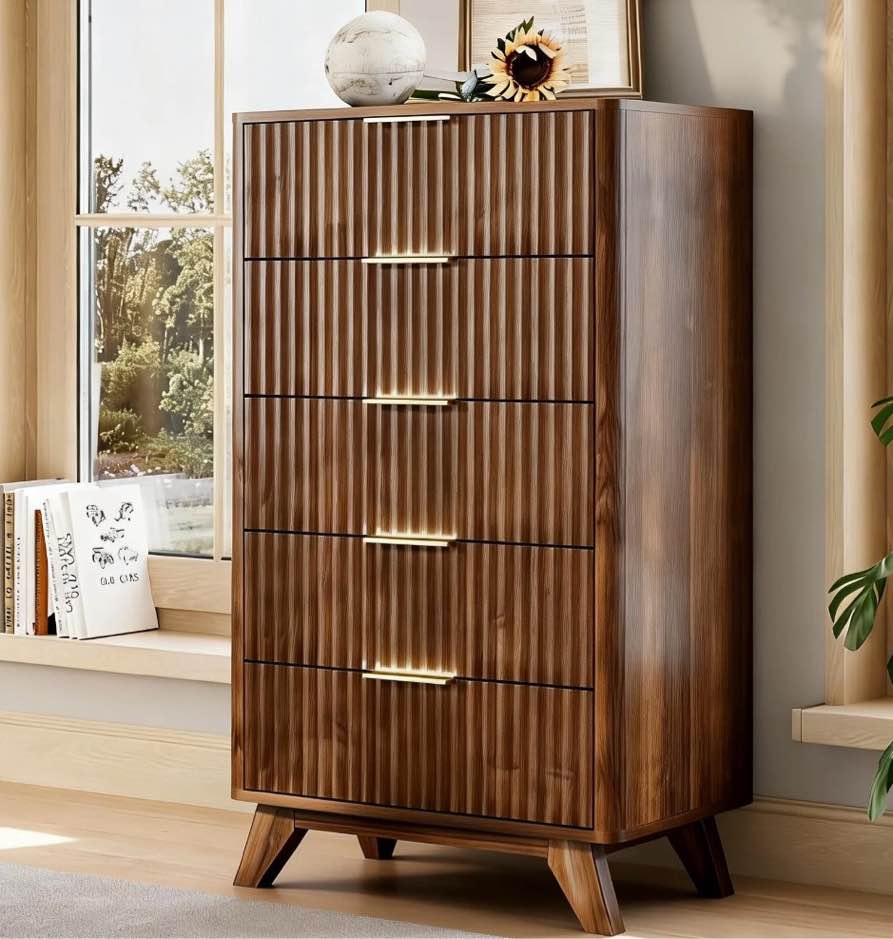 ktaxon fluted tall 5 drawer dresser solid wood chest of drawers with soft close slides storage cabinet for bedroom living room entryway walnut