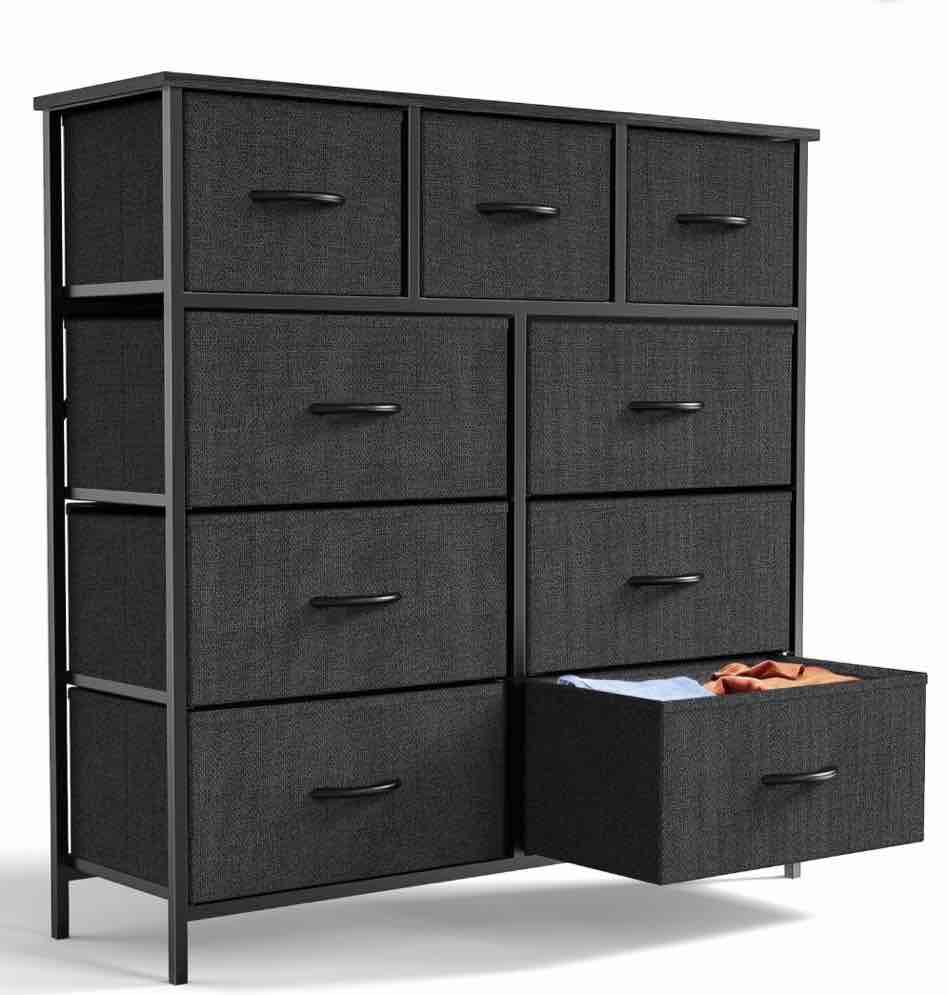 edx 9 drawer fabric dresser for bedroom, chest of drawer organizer storage cabinet for closet, entryway, black