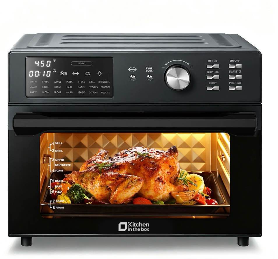 kitchen in the box 32qt digital air fryer toaster oven combo, 21-in-1 convection oven with rotisserie & dehydrate, family-size countertop oven with 6 accessories, 1800w, black