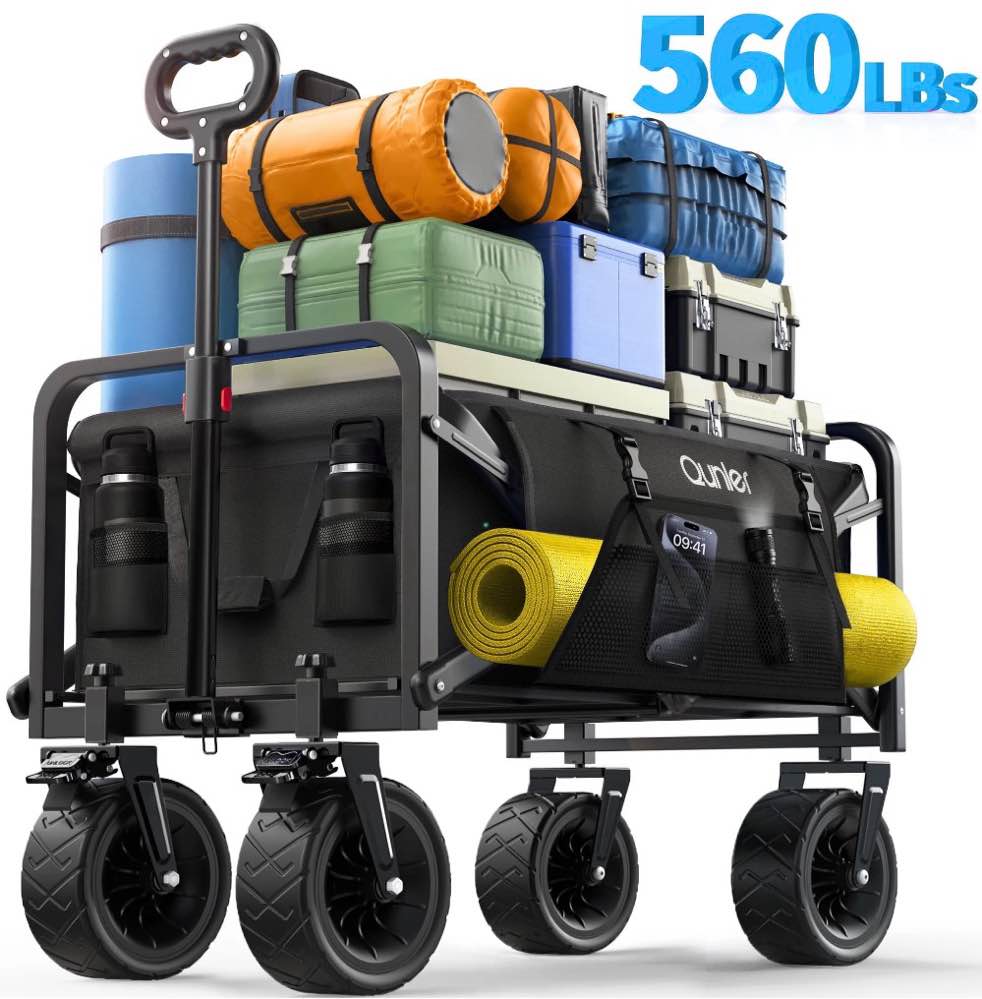 qunler collapsible wagon cart, 560lbs heavy duty large utility garden cart with brake wheels and side pocket for camping, shopping, kids, sports, grocery, black