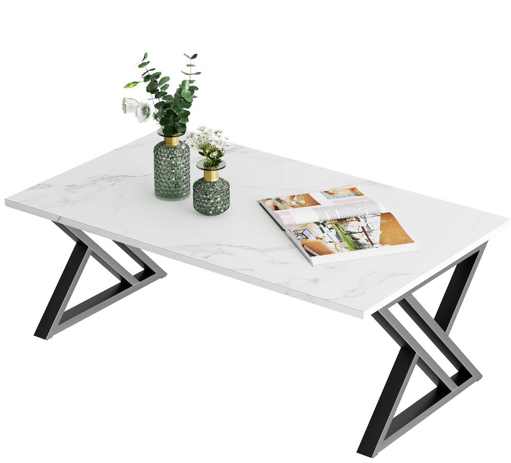 coffee table white living room center table, simple modern faux marble rectangular tea table with sturdy black metal frame,industrial wooden coffee table for bedroom home office