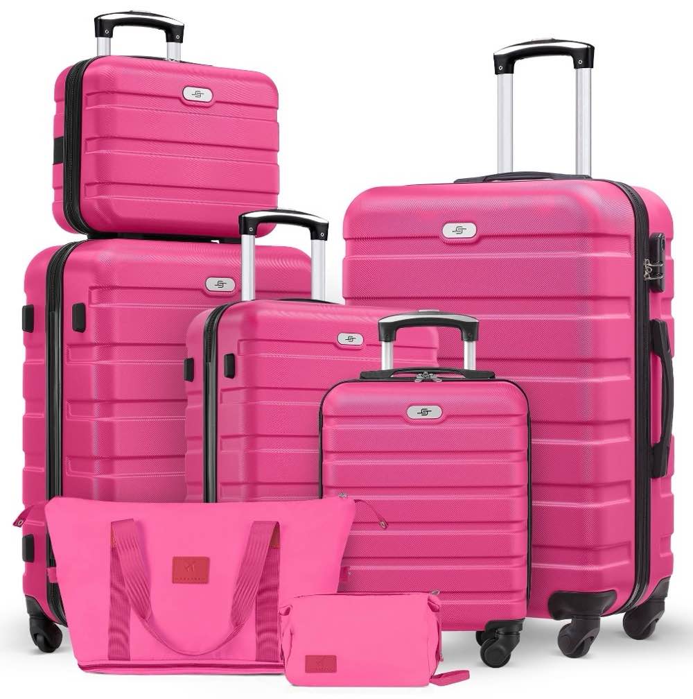 gowill 7 piece luggage sets,13/16/20/24/28 inch hardside lightweight abs suitcase with expandable duffle bag (rose red)