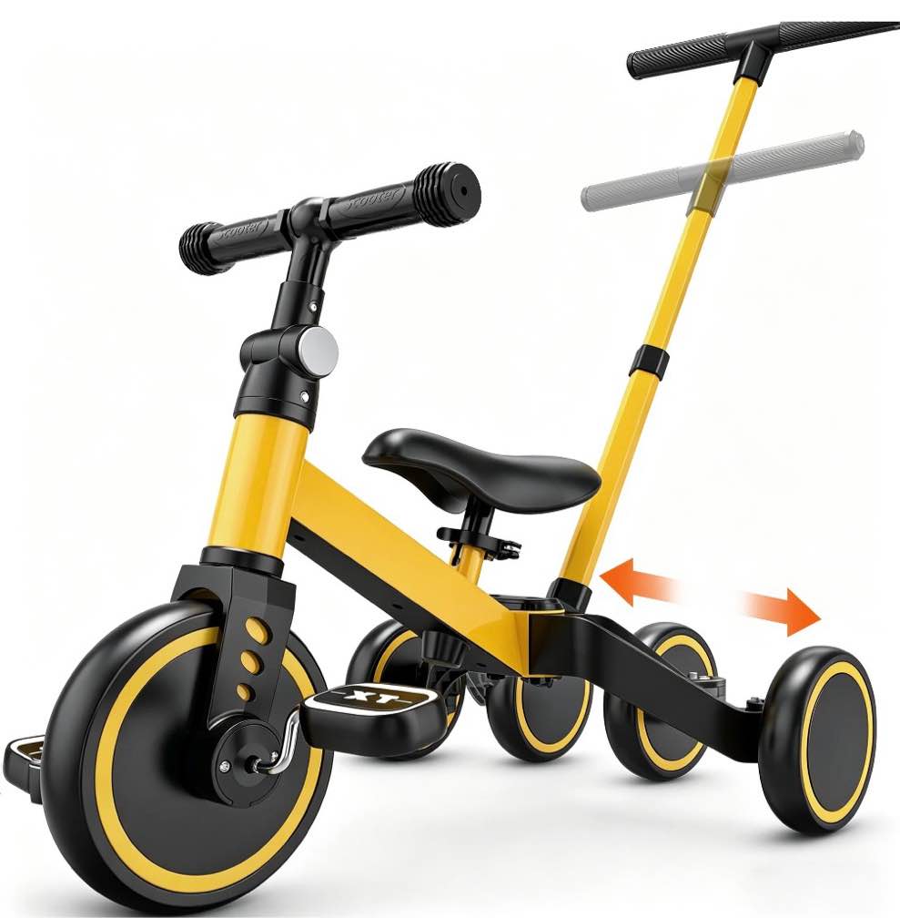 tntants 4 in 1 toddler bike, kids tricycle for 1-5 years old, toddler tricycle for boy girl, baby balance bike with parent steering push handle, removable pedal, adjustable seat yellow