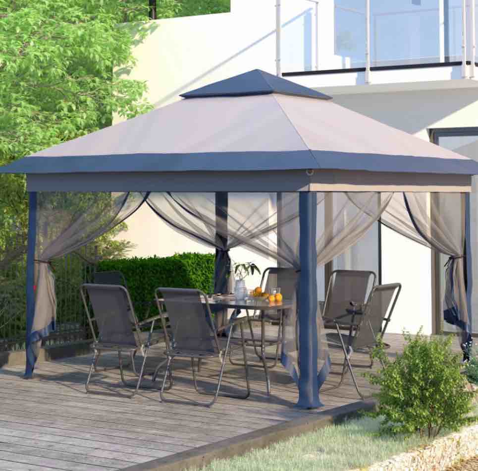 ainfox 11x11 ft outdoor patio pop up canopy gazebo with heavy duty frame mosquito netting & uv protection navy blue