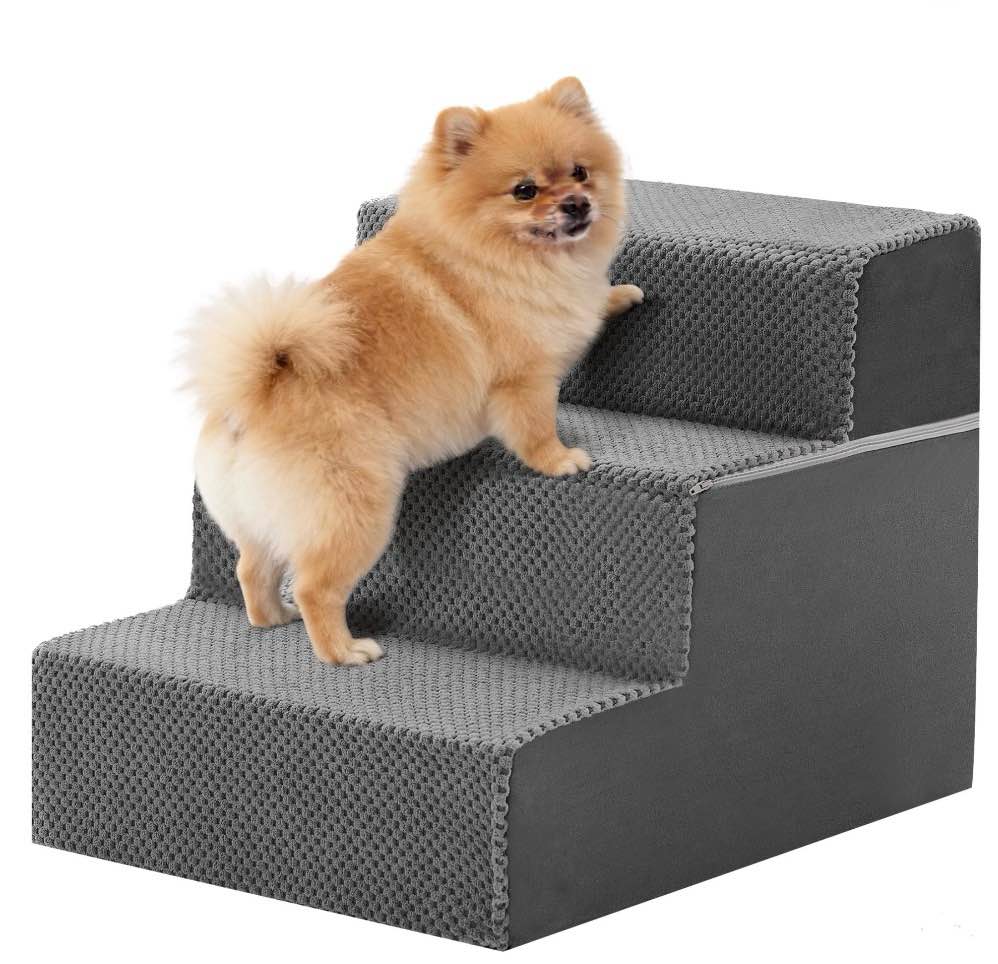 SHOUFTW 3-Step Right Angle Pet Stairs Ramp, High-Density Foam Dog Cat Steps, Non-Slip Indoor Ladder for Couch, High Beds, Sofa, Gray