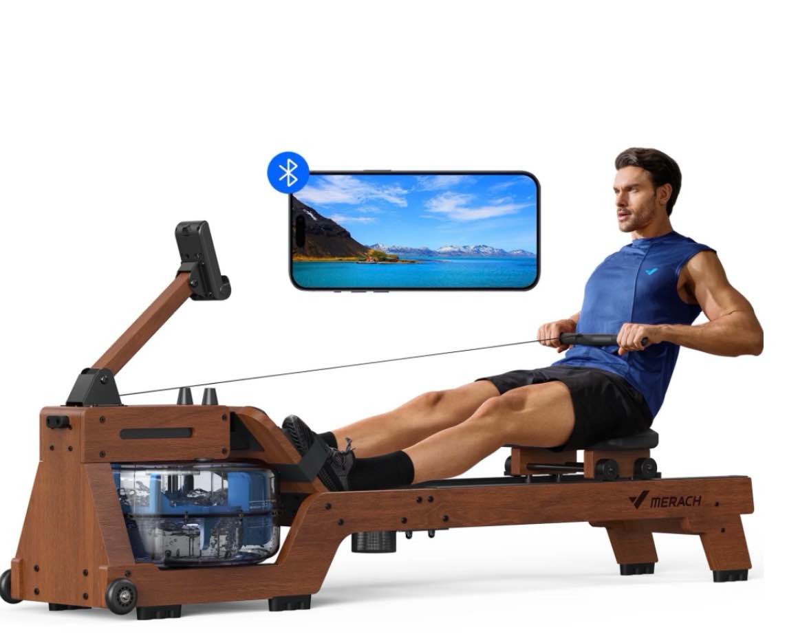 merach water rowing machines for home, foldable row machine with 400lbs weight capacity, dedicated monitor and comfortable seat, free merach app for i