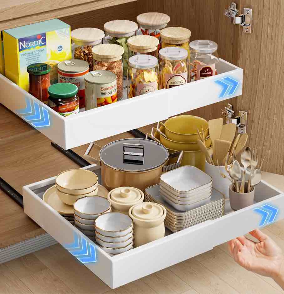 pull out cabinet organizer, adjustable width 12.2"-20.1" expandable slide out drawers storage rack, pull-out shelf storage for kitchen pantry bathroom organization (white)