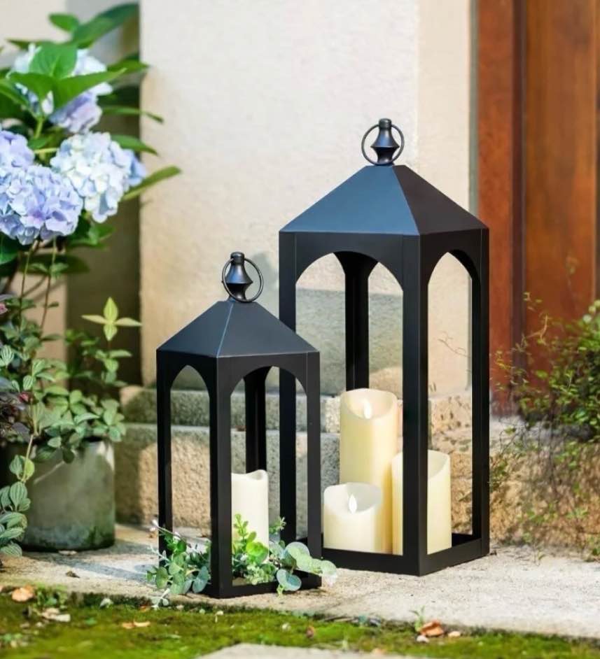 nuptio tall black lanterns decorative indoor for pillar candle holder indoor outdoor lanterns for porch & patio 17 & 23 set of 2 no glass m+l (new)