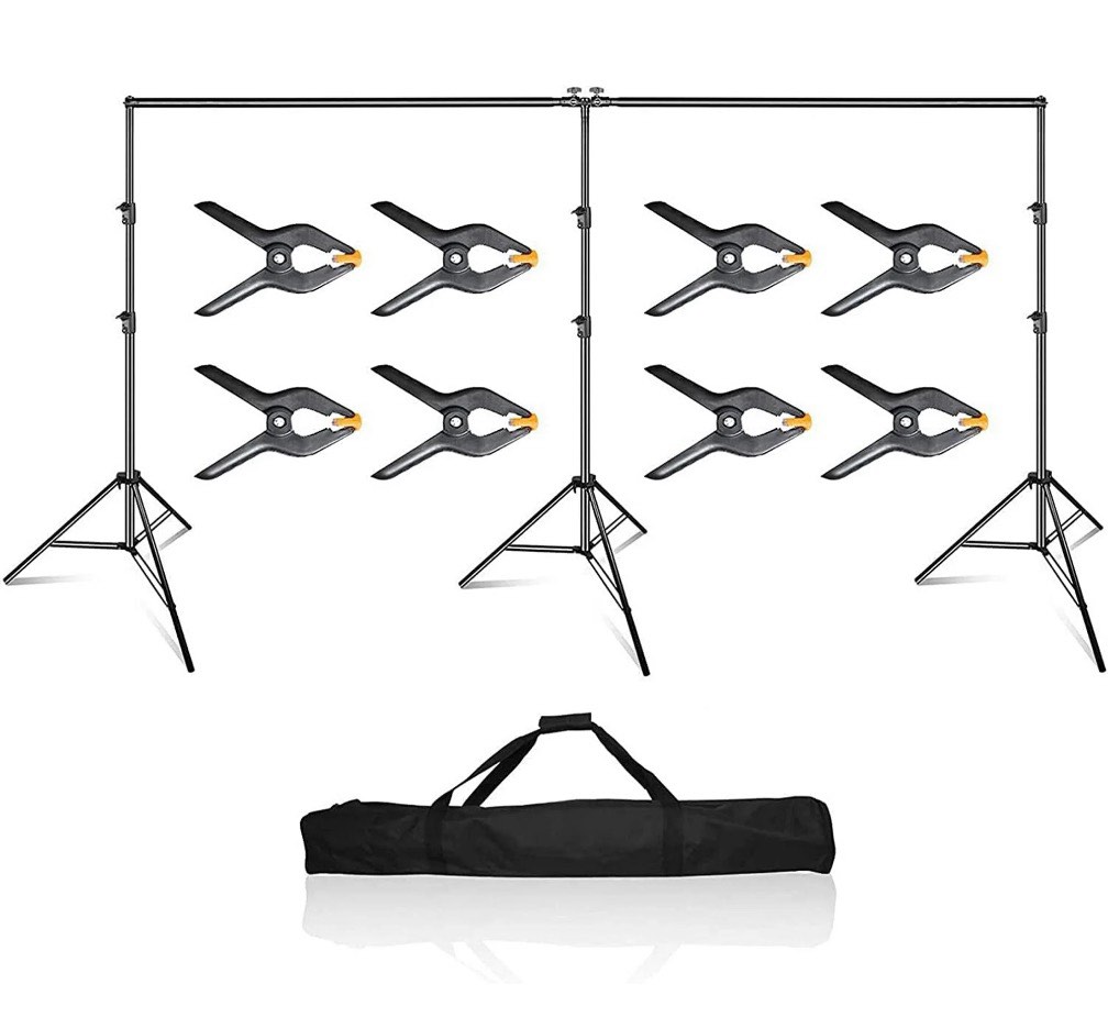 emart photo video studio 20 ft wide 10 ft tall adjustable heavy duty photography backdrop stand  background support system kit with 3 stands  8 spring clamps  1 carrying bag