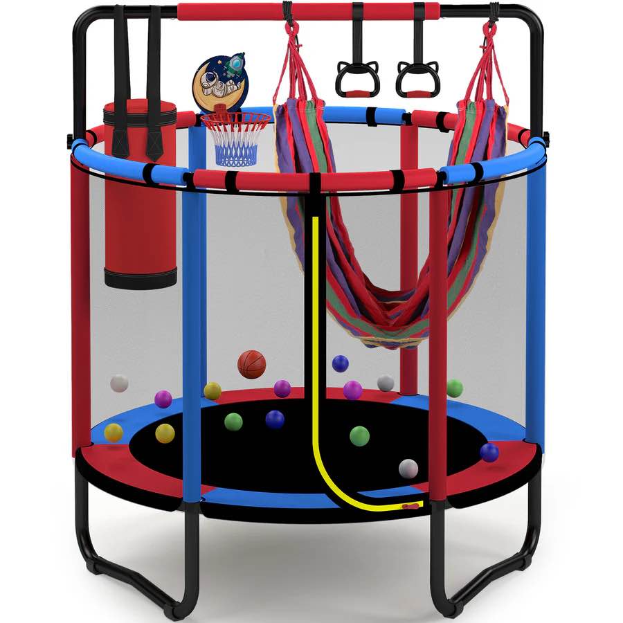 mini round trampoline for kids with basketball hoop  segmart 55   indoor outdoor toddler trampoline with enclosure net  swing  sandbag  ring  ocean balls  small trampoline gift for boys girls  blue