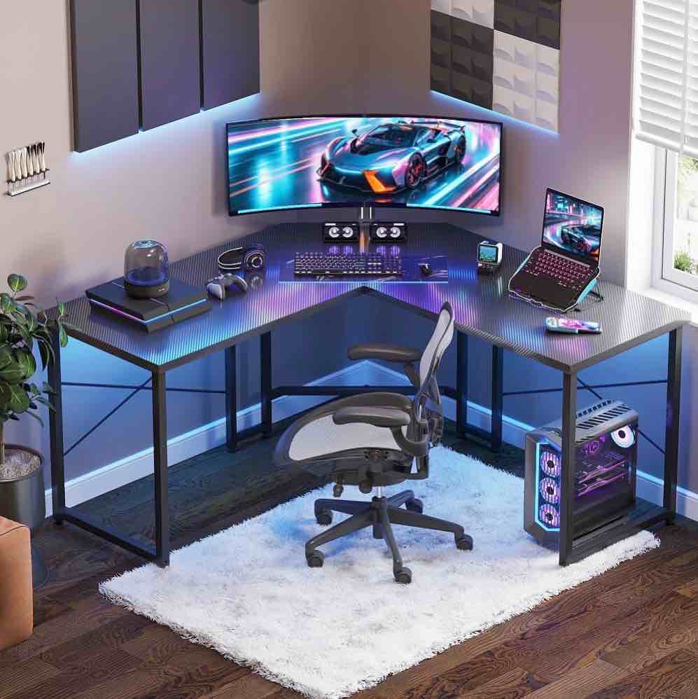 casacomoda computer desk l shaped, 51 inch reversible l shaped desk, gaming desk, home office desk, carbon fiber black