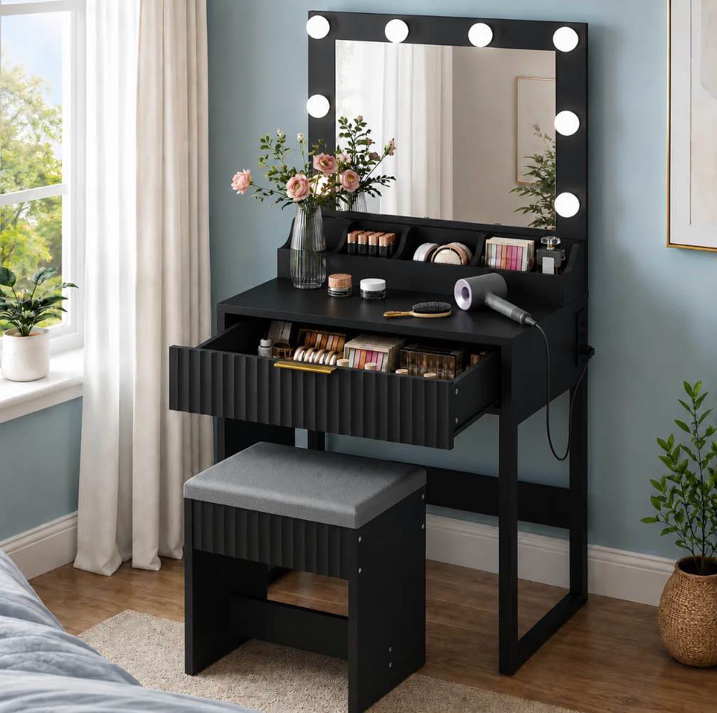ktaxon flutted makeup vanity table w/stool, dressing desk with charging station, for femal gift, black