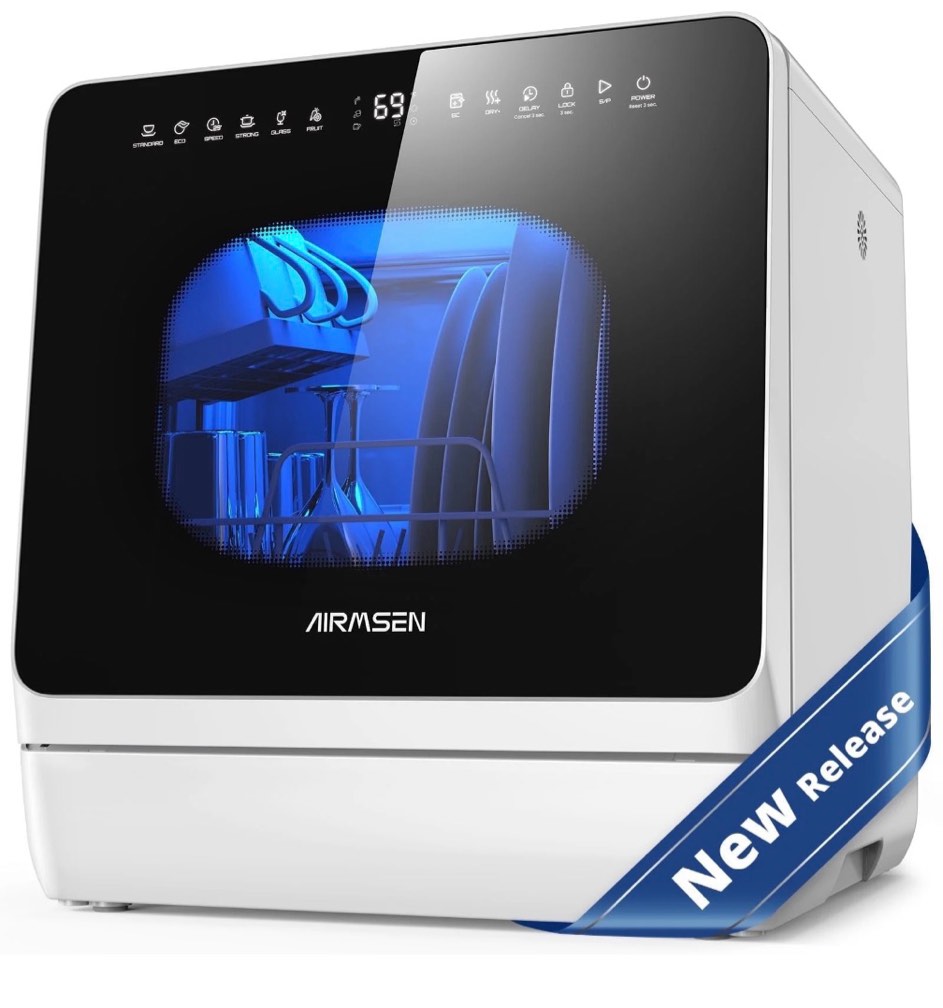 airmsen countertop dishwasher with salt chamber, portable mini dishwasher with 5l built-in water tank, 18h delay start & eco mode, ideal for apartment
