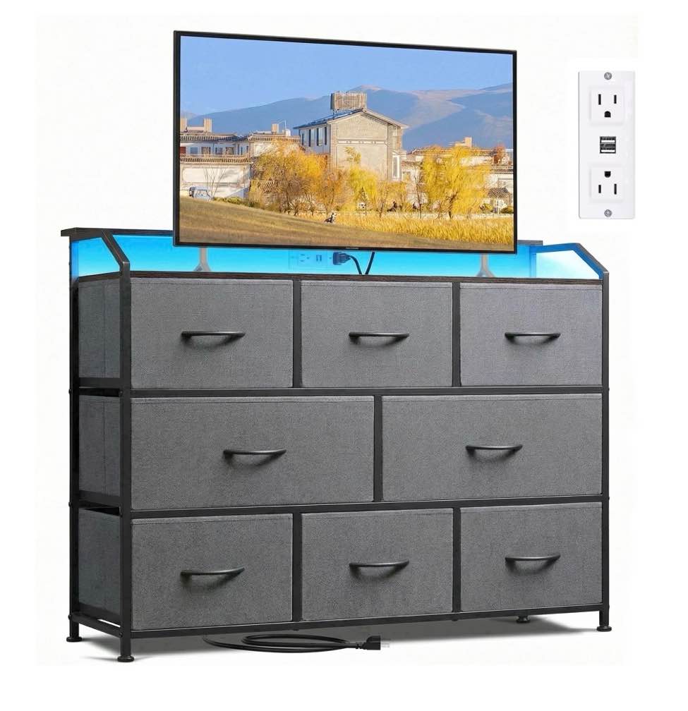 edx 8-drawer fabric dresser with power outlets & led light, multifunctional tv stand storage cabinet for bedroom, living room, office & hallway, gray