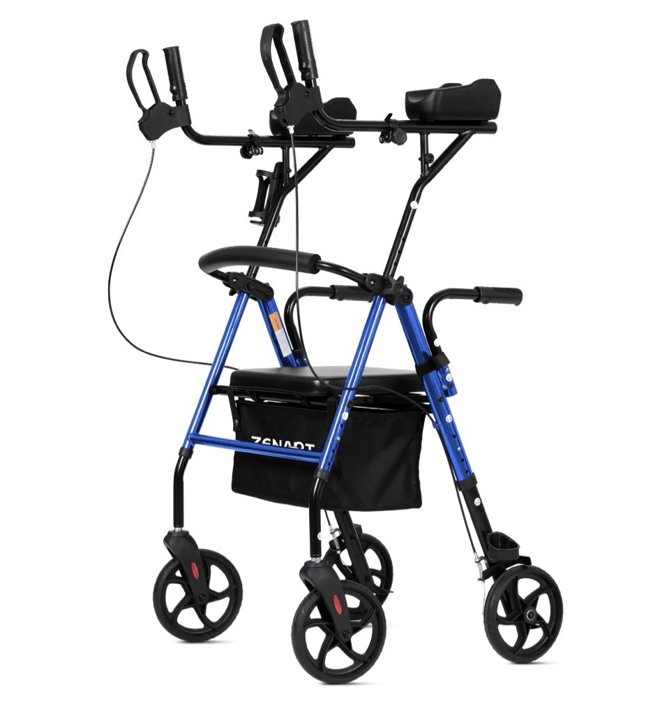 zenart upright rollator walker for seniors, foldable stand up rolling mobility aids with padded seat,blue